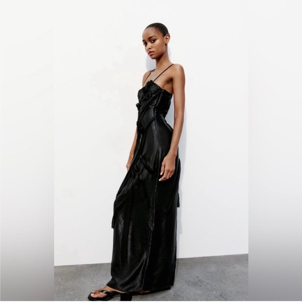 Zara Satin Midi Slip Dress Size M Black Rushed Fairy Goth Witchy Whimsygoth - Picture 1 of 16